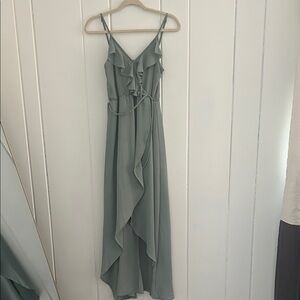Mind Code Sage Green Ruffled V‑Neck Spaghetti Strap Maxi Dress